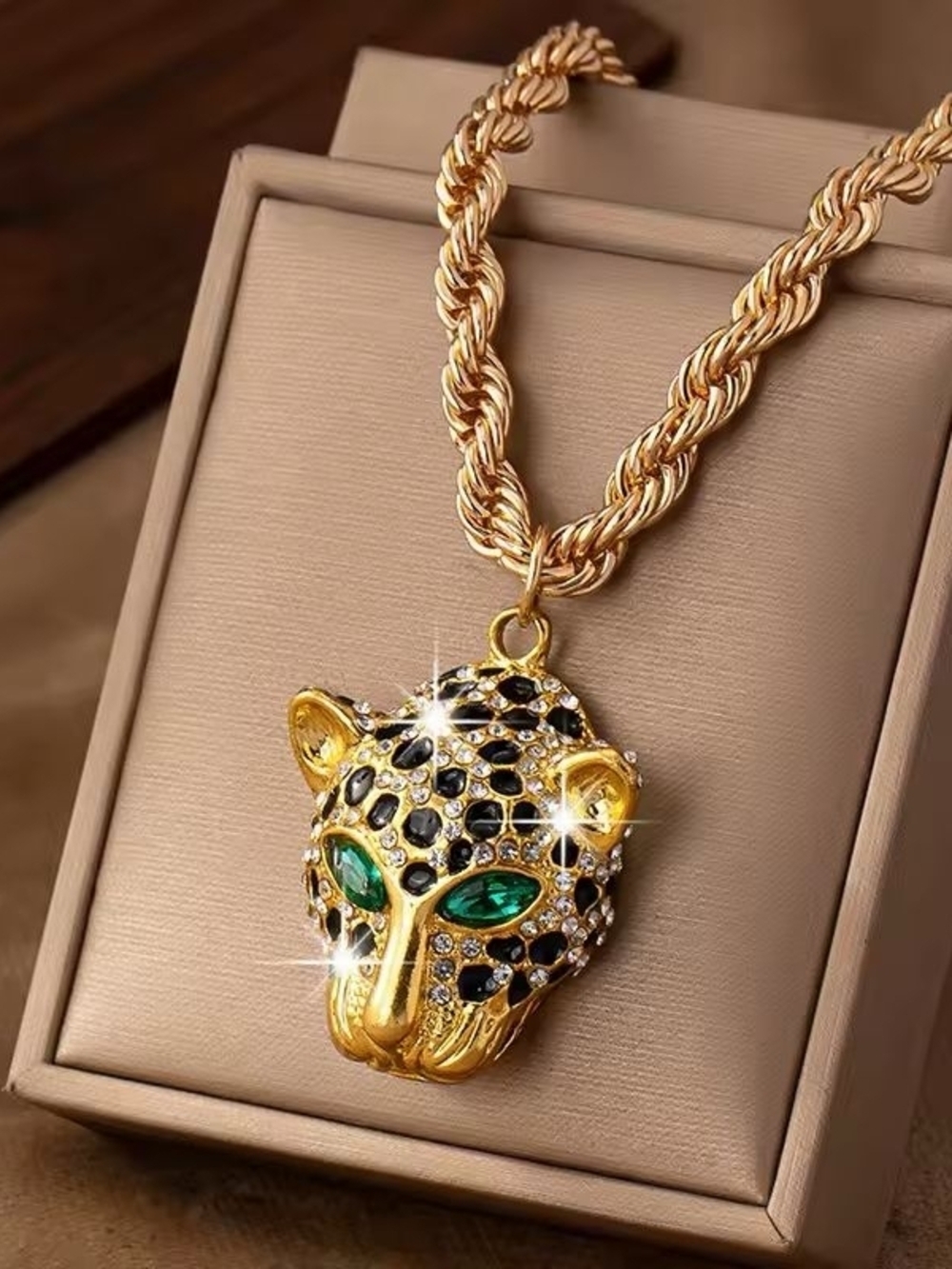 Gold Leopard Head Pendant Necklace with Green and Black Details - Picture 3 of 6